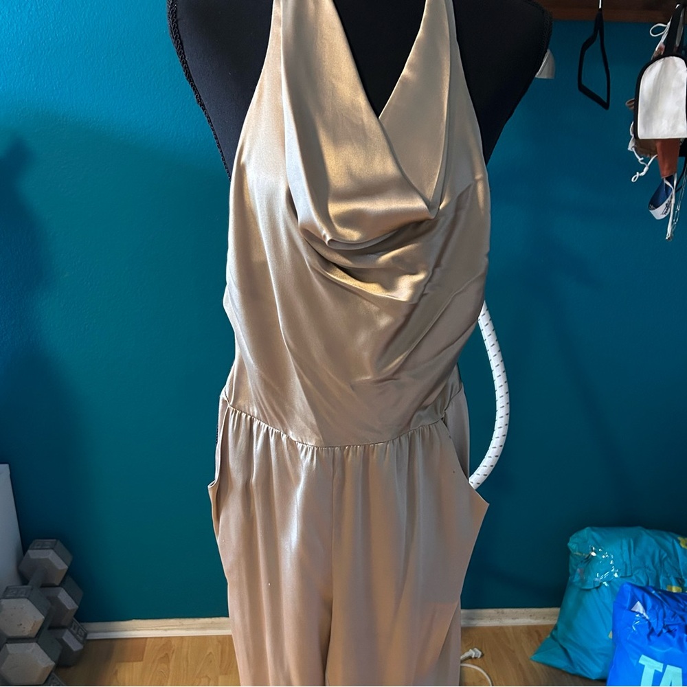 Bebe Gold Draped Neck Jumpsuit